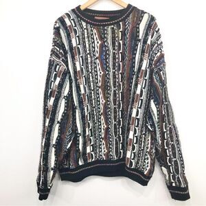 Currier & Branch Black White Brown Retro Pattern Crew Knit Pullover Dad Sweater